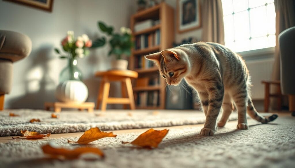 A charming scene of a curious cat exploring its everyday surroundings. In the foreground, the feline stands alert, its whiskers twitching as it studies a fallen leaf. The middle ground features a cozy domestic interior, with a plush rug, a wooden end table, and a vase of fresh flowers. Warm, diffused lighting filters through a nearby window, casting a soft glow on the cat's sleek fur. In the background, a bookshelf and framed artwork suggest a lived-in, comforting space. The mood is one of quiet contemplation, capturing the cat's innate sense of wonder and the subtle ways it encodes memories of its familiar environment. A charming scene of a curious cat exploring its everyday surroundings. In the foreground, the feline stands alert, its whiskers twitching as it studies a fallen leaf. The middle ground features a cozy domestic interior, with a plush rug, a wooden end table, and a vase of fresh flowers. Warm, diffused lighting filters through a nearby window, casting a soft glow on the cat's sleek fur. In the background, a bookshelf and framed artwork suggest a lived-in, comforting space. The mood is one of quiet contemplation, capturing the cat's innate sense of wonder and the subtle ways it encodes memories of its familiar environment.