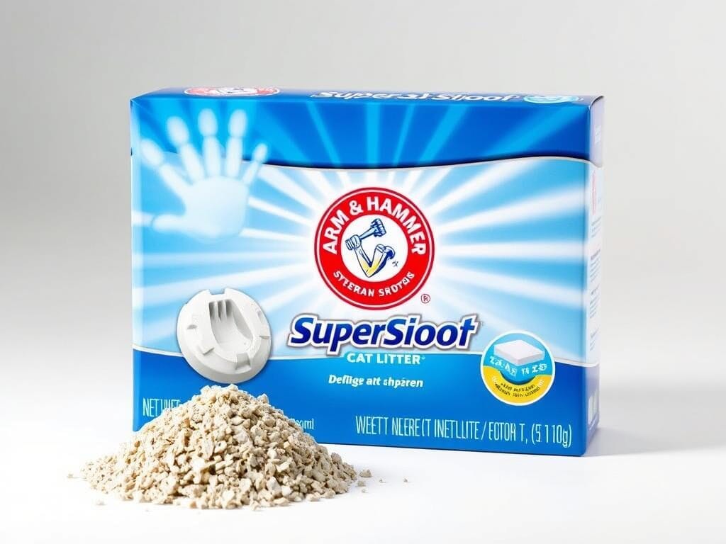Arm & Hammer Super Scoop cat litter box and close-up of the litter Arm & Hammer Super Scoop cat litter box and close-up of the litter