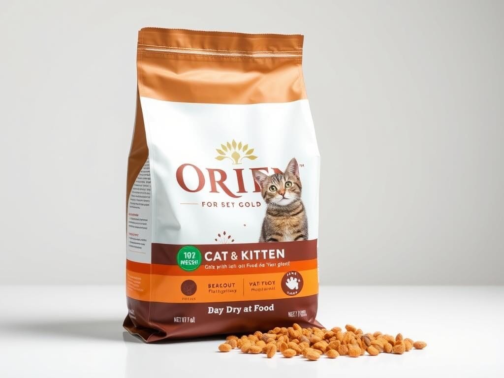 Bag of Orijen Cat & Kitten dry cat food with kibble spilled beside it Bag of Orijen Cat & Kitten dry cat food with kibble spilled beside it