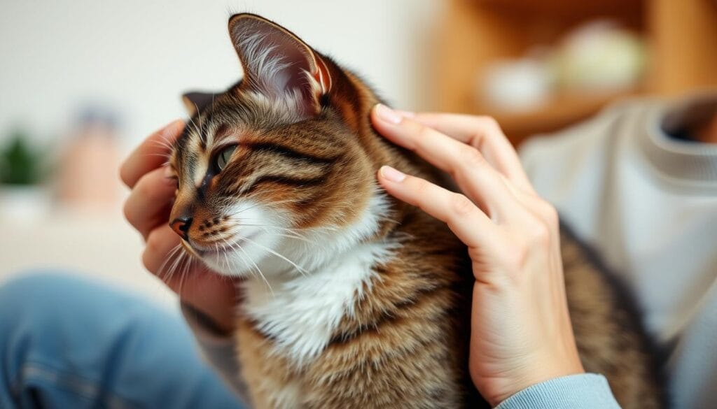 Cat owner examining cat's ears as part of regular health check Cat owner examining cat's ears as part of regular health check