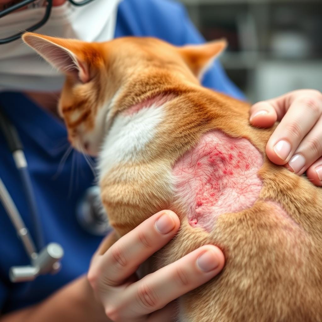 Cat with flea allergy dermatitis symptoms being examined Cat with flea allergy dermatitis symptoms being examined