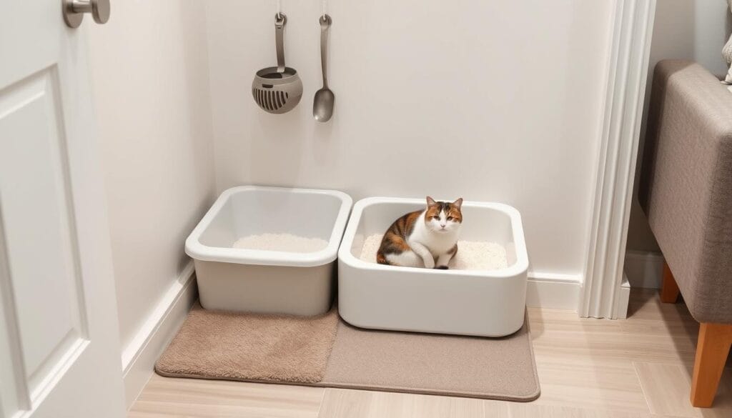 Clean litter box setup with proper placement and accessories Clean litter box setup with proper placement and accessories