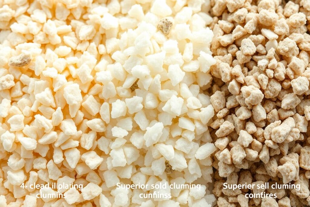 Close-up of different cat litter textures showing clumping quality