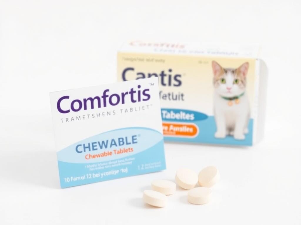 Comfortis Chewable Tablets for Cats package and tablets Comfortis Chewable Tablets for Cats package and tablets
