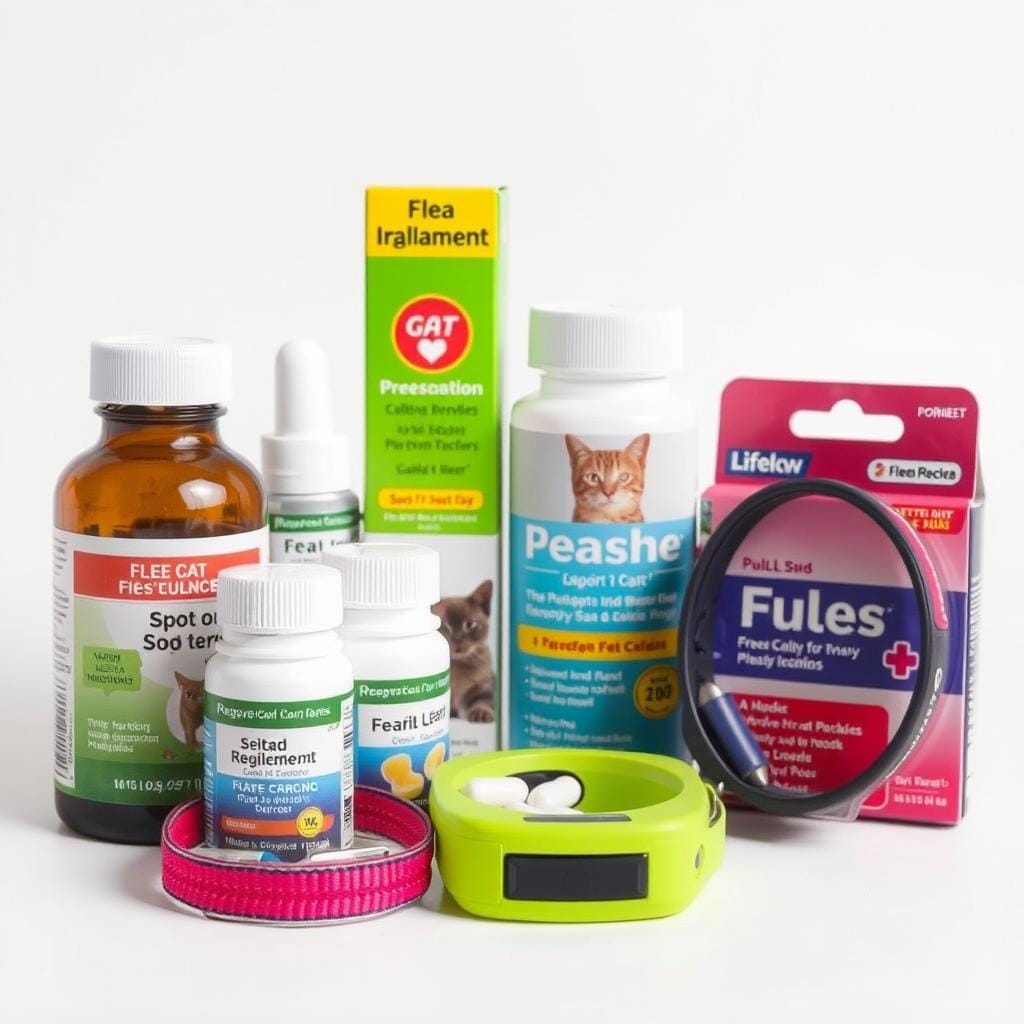 Commercial chemical flea treatments for cats including spot-on treatments and oral medications Commercial chemical flea treatments for cats including spot-on treatments and oral medications