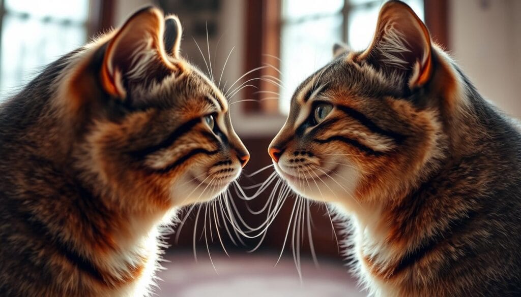 Detailed close-up portrait of two adult house cats engaged in social interaction, their faces in close proximity as they sniff and study each other's features. Vibrant, high-resolution image with natural lighting from a large window, creating a warm, soft focus effect. Depth of field emphasizes the cats' expressive eyes and attentive expressions, conveying their intense focus on recognizing and processing social cues. Muted, earthy color palette with hints of fur textures and subtle surroundings that fade into the background, maintaining the cats as the central subjects. Detailed close-up portrait of two adult house cats engaged in social interaction, their faces in close proximity as they sniff and study each other's features. Vibrant, high-resolution image with natural lighting from a large window, creating a warm, soft focus effect. Depth of field emphasizes the cats' expressive eyes and attentive expressions, conveying their intense focus on recognizing and processing social cues. Muted, earthy color palette with hints of fur textures and subtle surroundings that fade into the background, maintaining the cats as the central subjects.