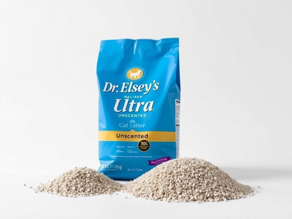 Dr. Elsey's Ultra Unscented cat litter bag and close-up of the litter texture Dr. Elsey's Ultra Unscented cat litter bag and close-up of the litter texture