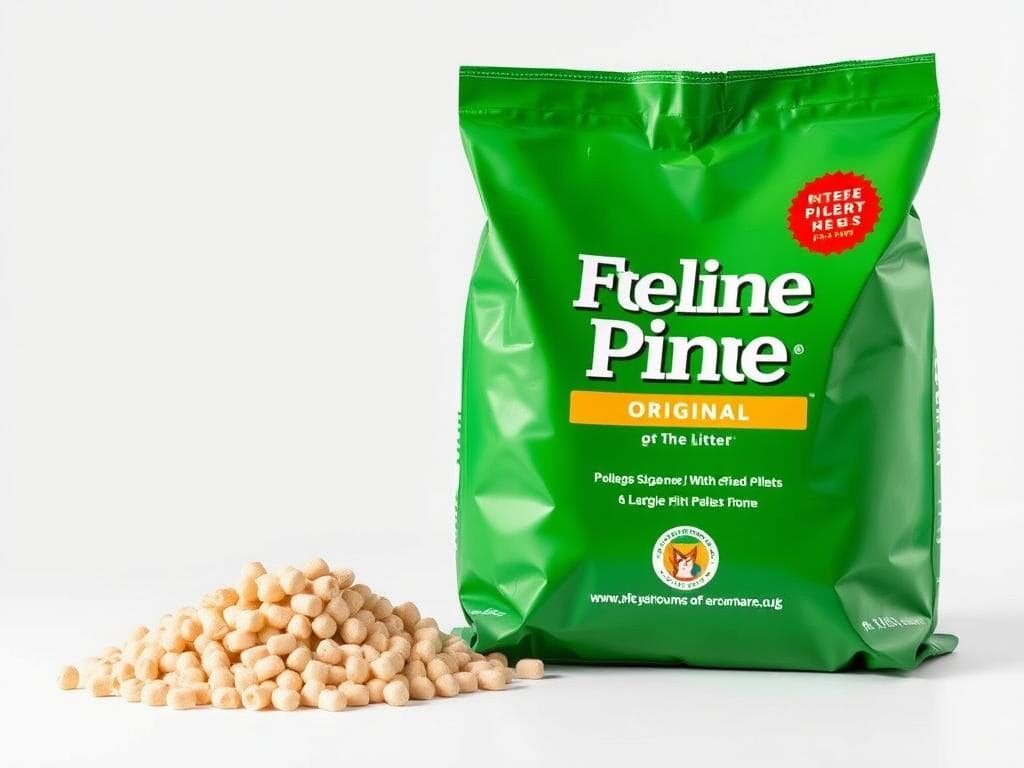 Feline Pine Original cat litter bag and pine pellets showing size and texture Feline Pine Original cat litter bag and pine pellets showing size and texture