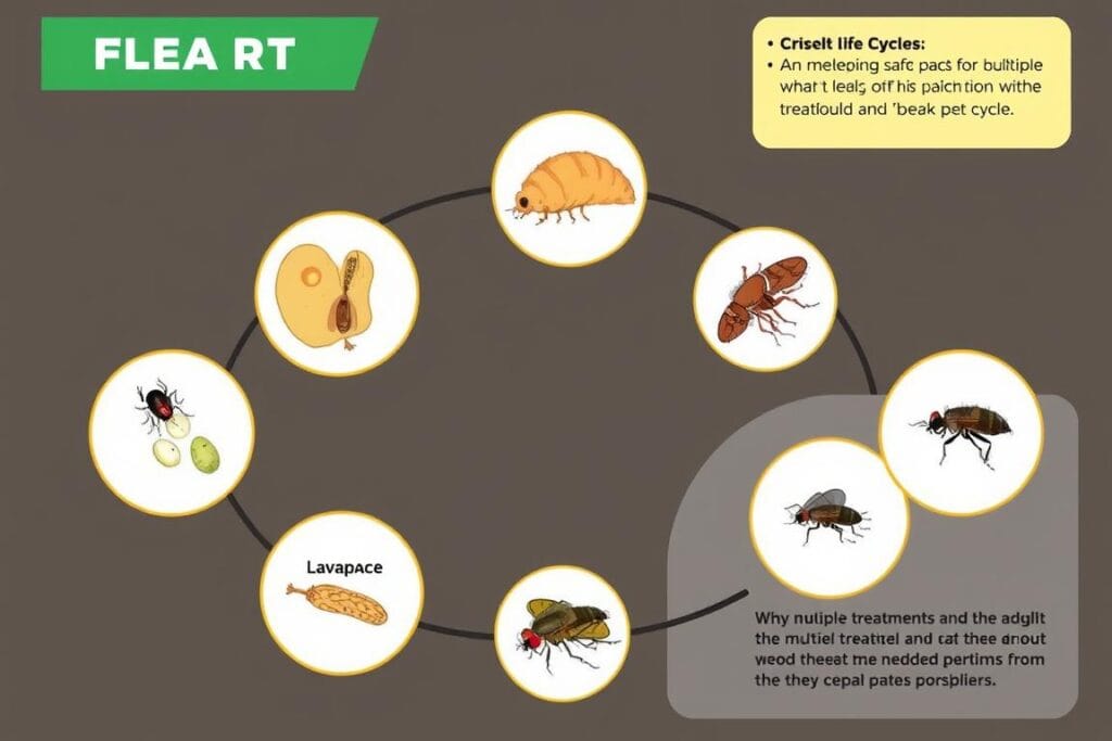 Flea life cycle diagram showing multiple stages requiring ongoing treatment Flea life cycle diagram showing multiple stages requiring ongoing treatment