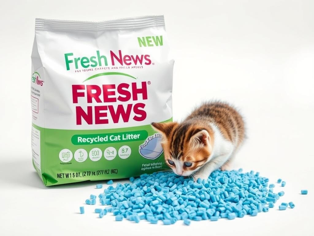 Fresh News Recycled Paper cat litter bag and paper pellets with a kitten nearby Fresh News Recycled Paper cat litter bag and paper pellets with a kitten nearby