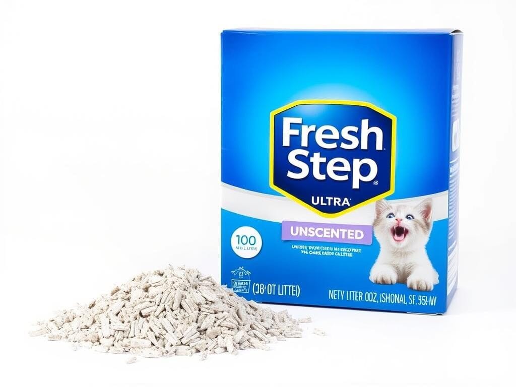 Fresh Step Ultra Unscented cat litter box and litter sample showing texture Fresh Step Ultra Unscented cat litter box and litter sample showing texture