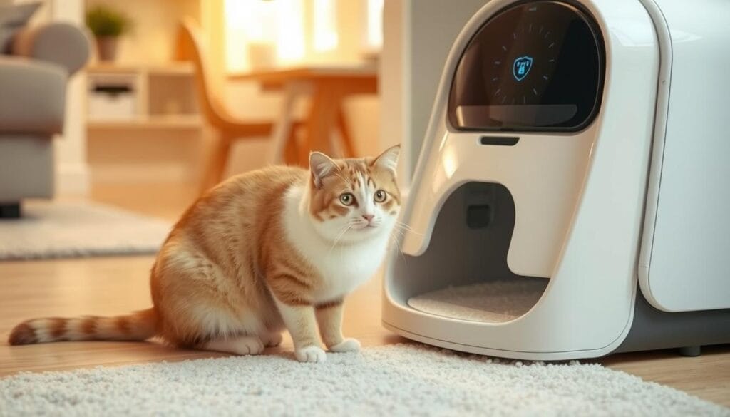 Happy cat using a Litter Robot 4 with optimal litter