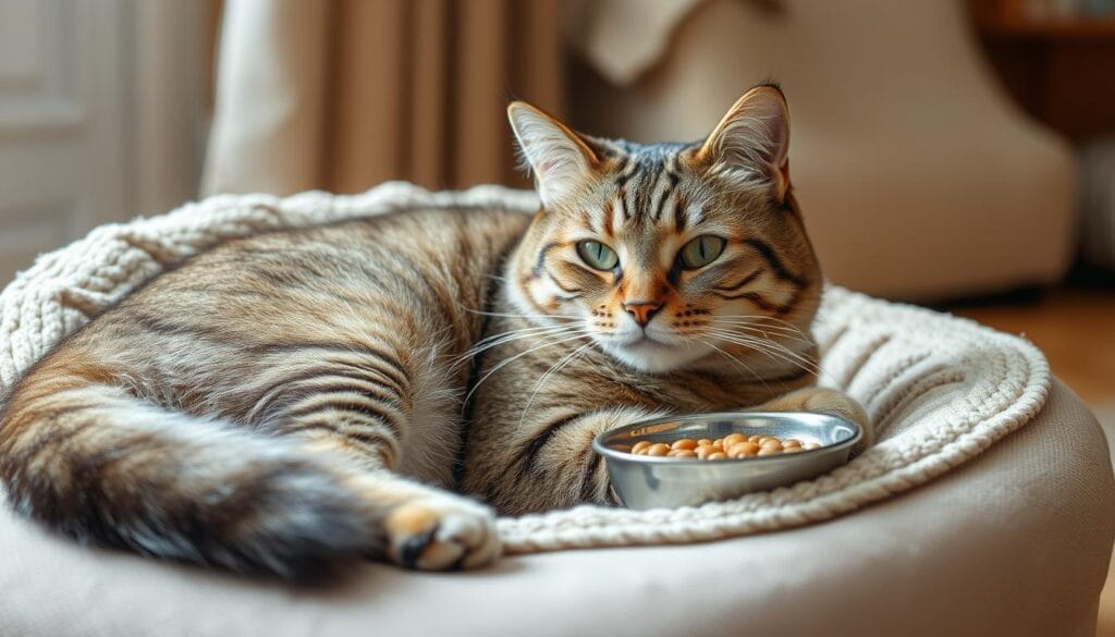 Happy healthy senior cat relaxing after eating nutritious senior cat food