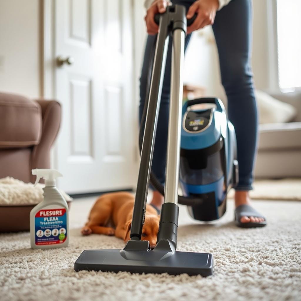 Home environment being treated for fleas with vacuum and cleaning Home environment being treated for fleas with vacuum and cleaning