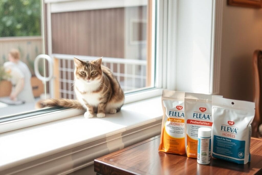 Indoor cat near window with flea prevention products nearby Indoor cat near window with flea prevention products nearby