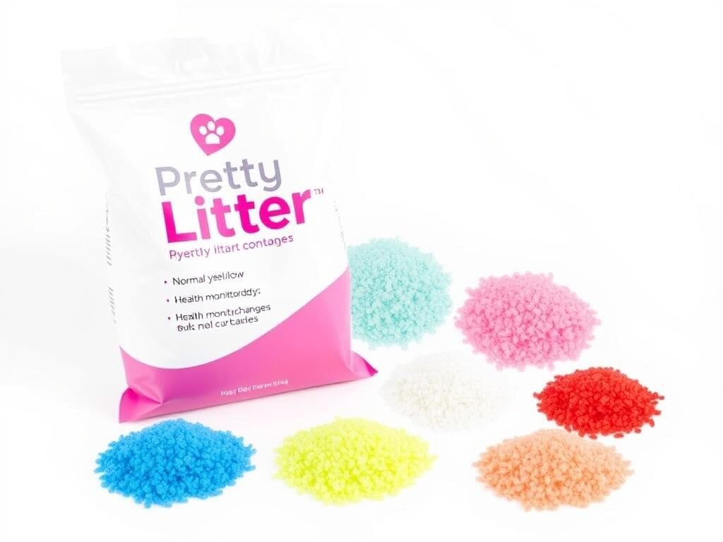 PrettyLitter bag and color-changing crystal litter samples showing different health indicators PrettyLitter bag and color-changing crystal litter samples showing different health indicators