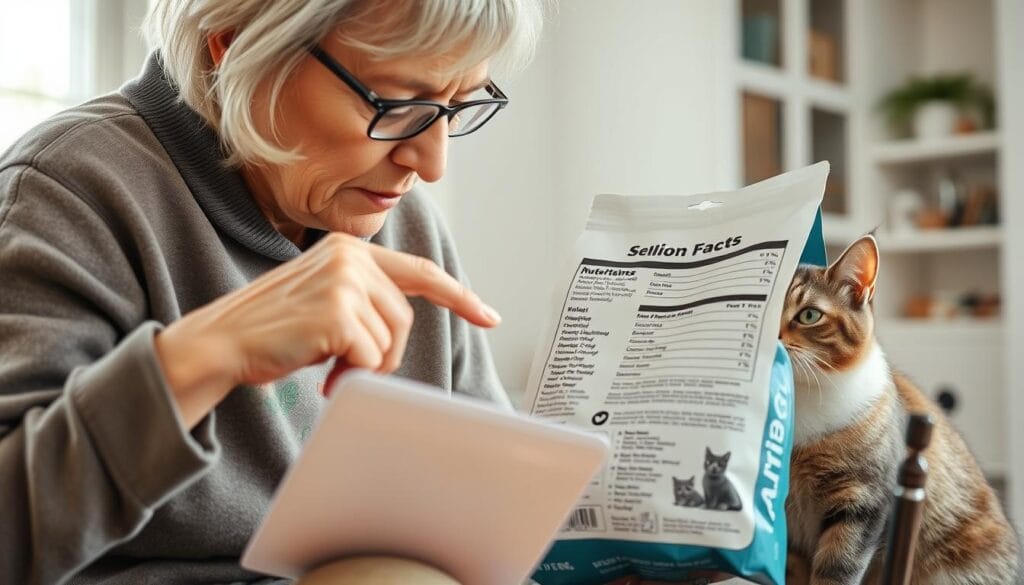 Senior cat owner reading cat food label showing how to choose the best cat food for senior cats