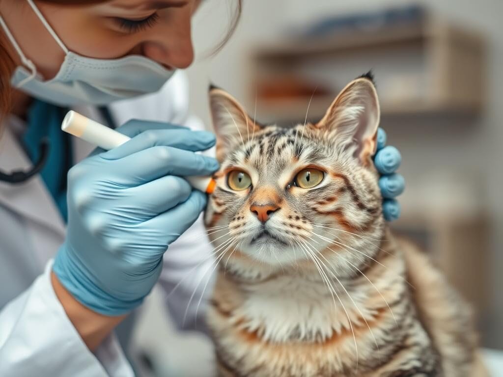 Senior cat receiving appropriate flea treatment with gentle handling Senior cat receiving appropriate flea treatment with gentle handling