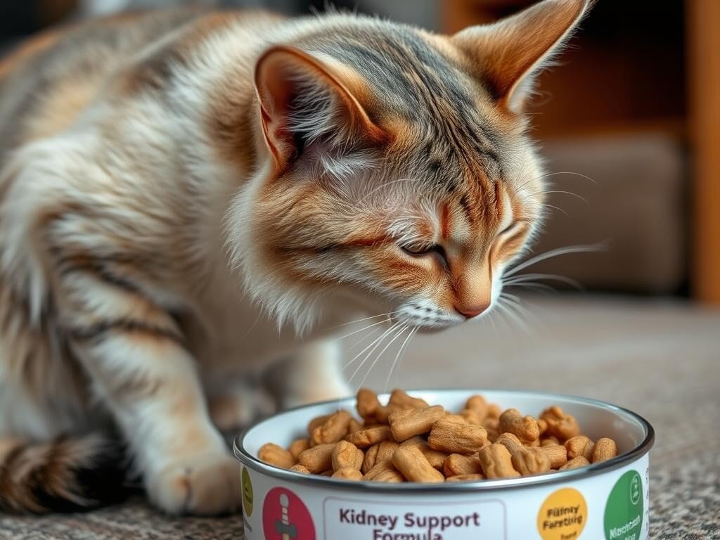 Senior cat with kidney disease eating specialized renal diet food