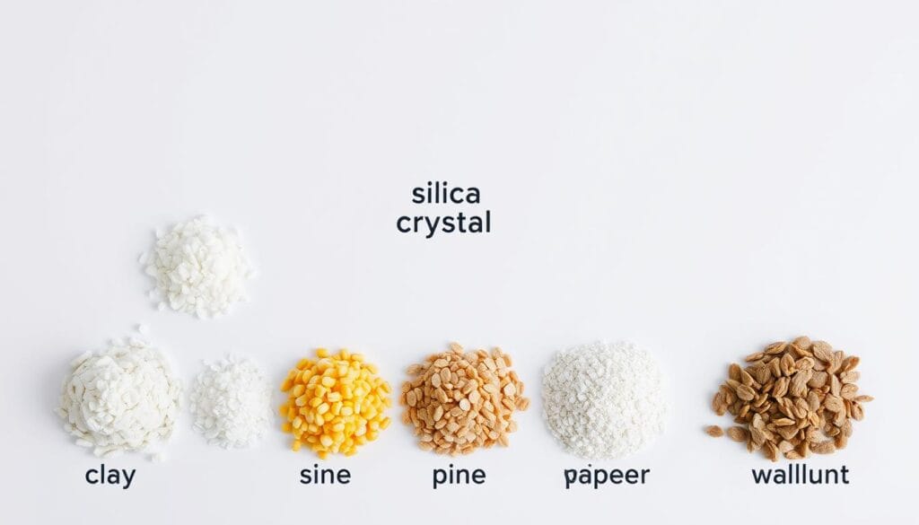 Various types of cat litter materials displayed side by side with labels Various types of cat litter materials displayed side by side with labels