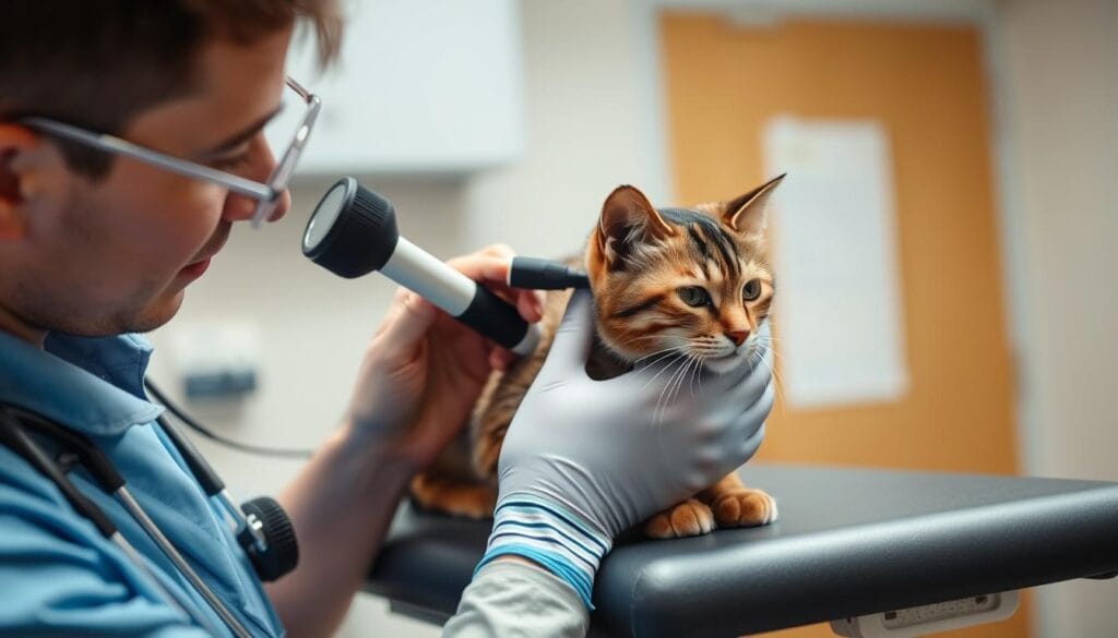 Veterinarian examining a cat's ear with an otoscope Veterinarian examining a cat's ear with an otoscope