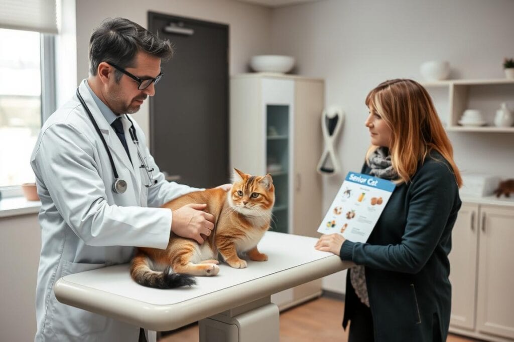 Veterinarian examining senior cat while discussing nutrition with owner