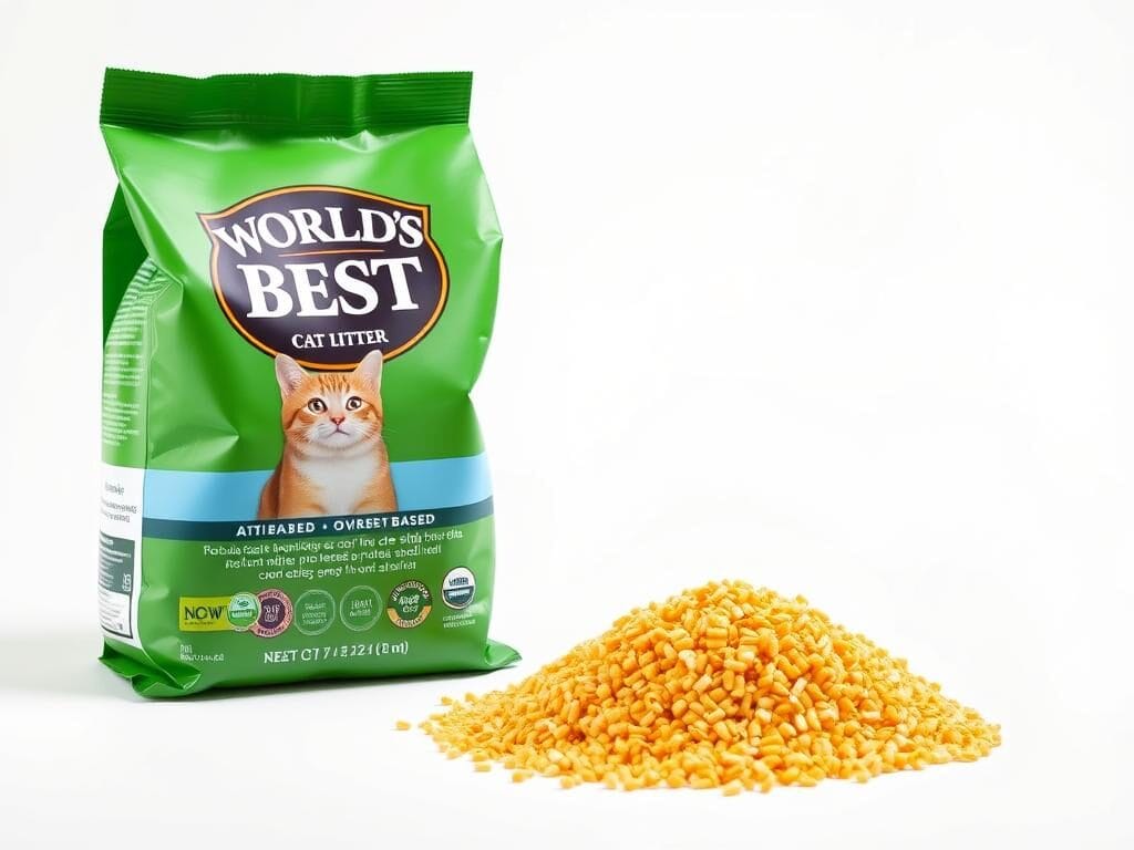 World's Best Cat Litter bag and sample of the corn-based litter World's Best Cat Litter bag and sample of the corn-based litter