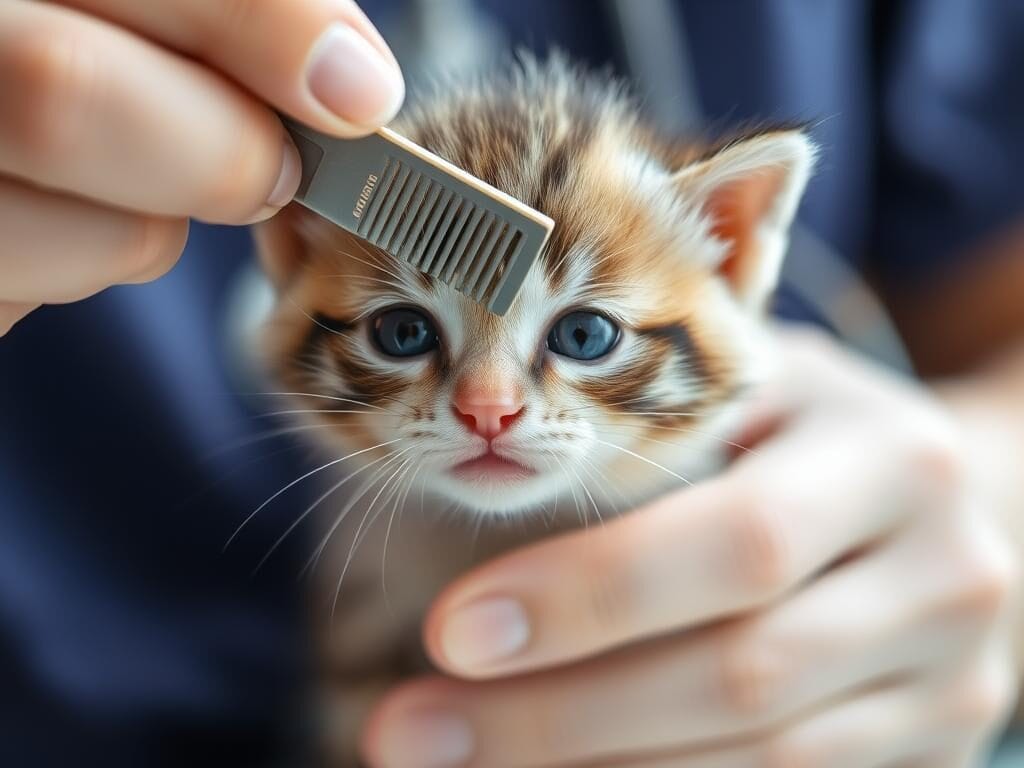 Young kitten being safely treated for fleas with a gentle comb Young kitten being safely treated for fleas with a gentle comb