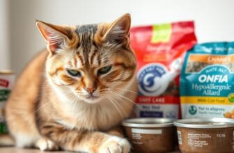 A cat with visible skin irritation from food allergies next to hypoallergenic cat food options