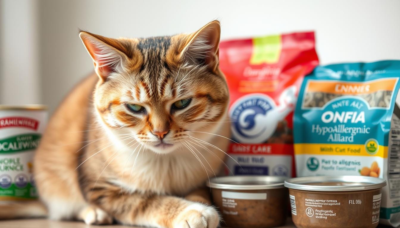 Top Hypoallergenic Cat Food Options for Sensitive Cats A cat with visible skin irritation from food allergies next to hypoallergenic cat food options