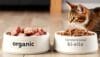 A comparison of organic cat food ingredients versus conventional cat food showing higher quality protein sources in organic options