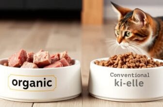 A comparison of organic cat food ingredients versus conventional cat food showing higher quality protein sources in organic options