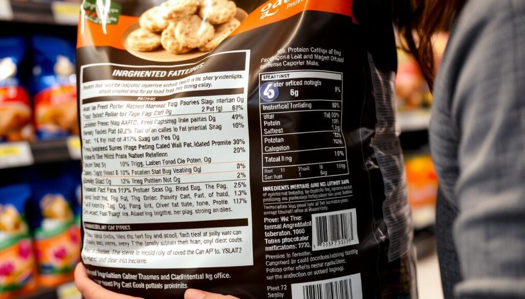 A person examining cat food ingredient labels in a pet store A person examining cat food ingredient labels in a pet store