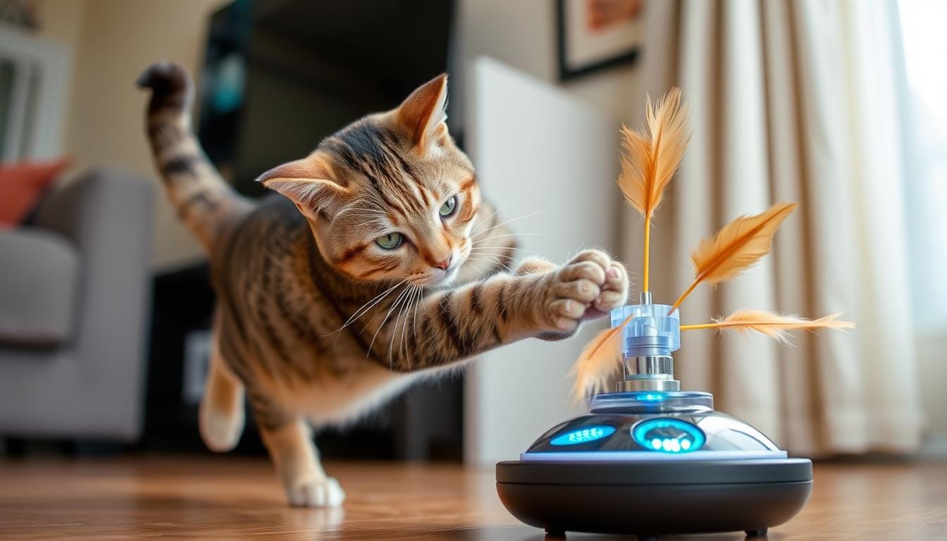 Best Motion-Activated Cat Toys That Keep Your Feline Active All Day A tabby cat playing with a motion-activated toy that has flashing lights and feathers