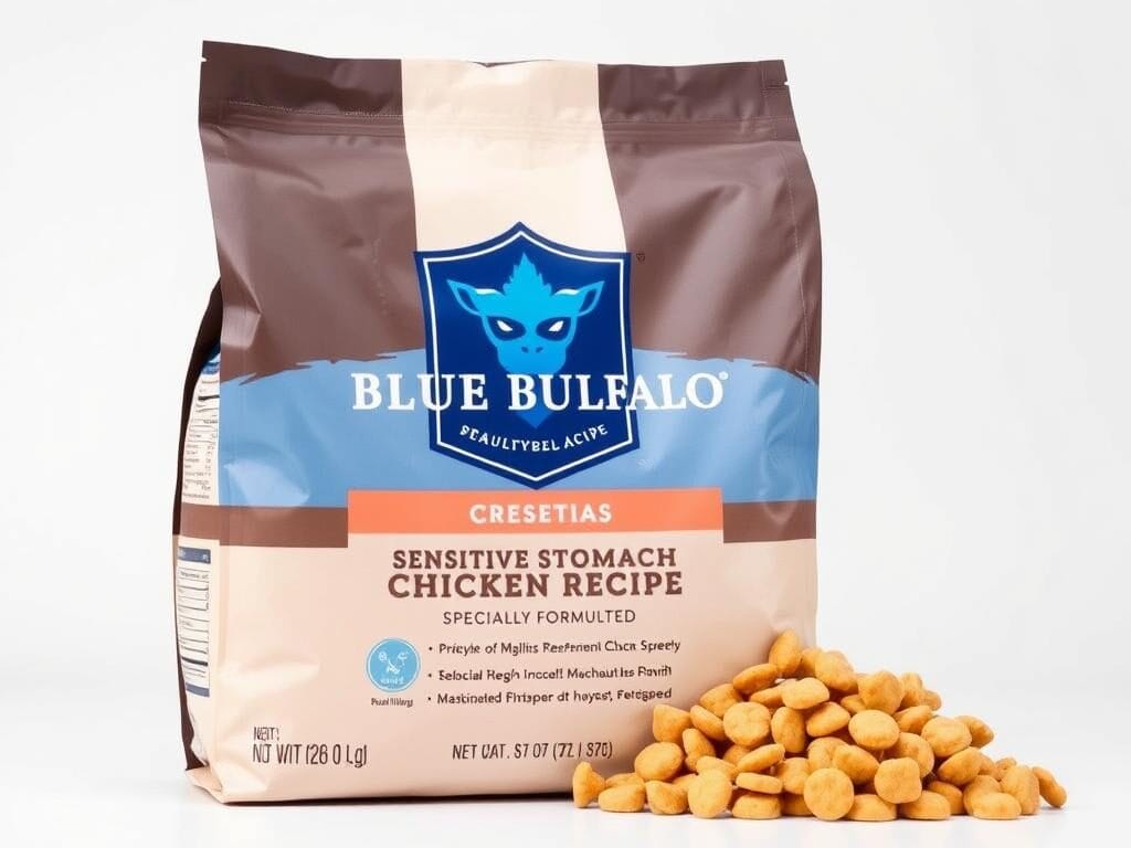Bag of Blue Buffalo Sensitive Stomach Chicken Recipe dry cat food with kibble displayed Bag of Blue Buffalo Sensitive Stomach Chicken Recipe dry cat food with kibble displayed