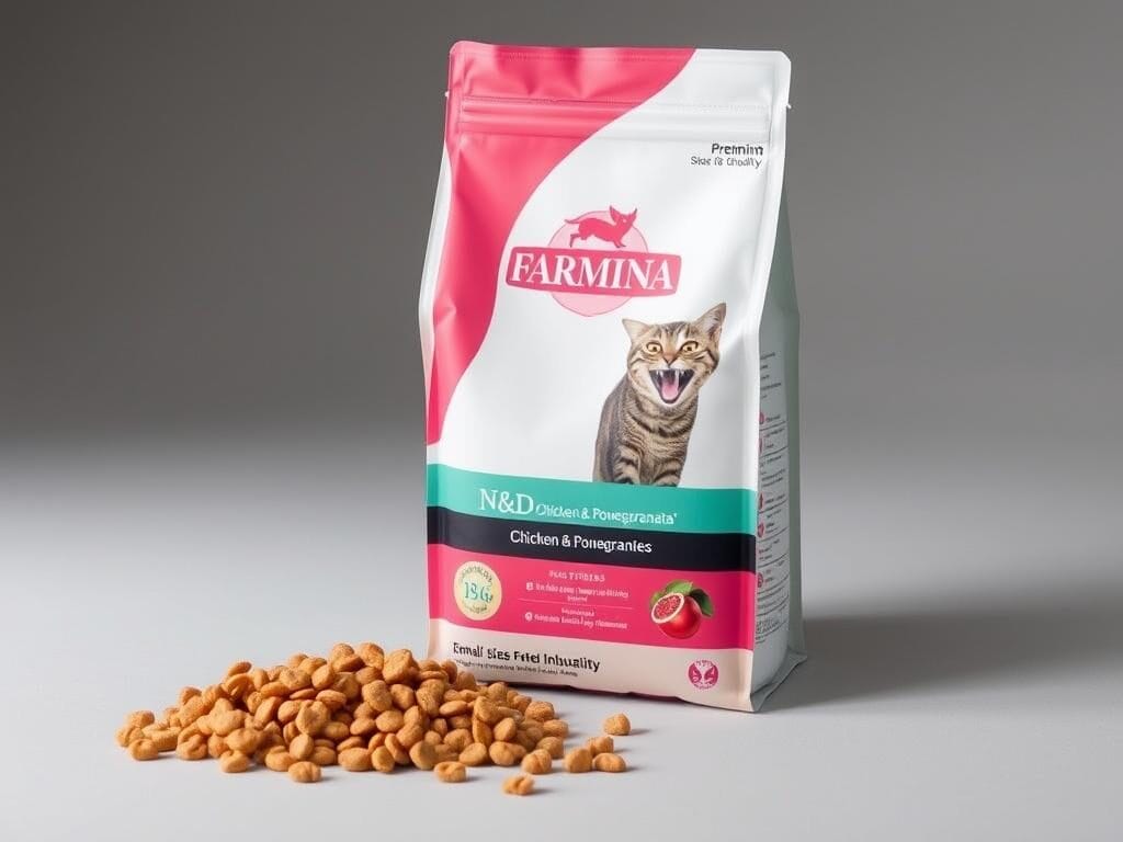 Bag of Farmina N&D Chicken & Pomegranate dry cat food with kibble displayed Bag of Farmina N&D Chicken & Pomegranate dry cat food with kibble displayed
