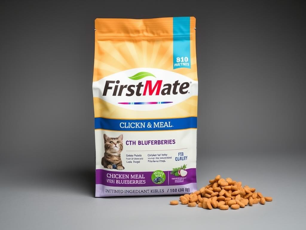 Bag of FirstMate Chicken Meal with Blueberries dry cat food with kibble displayed Bag of FirstMate Chicken Meal with Blueberries dry cat food with kibble displayed