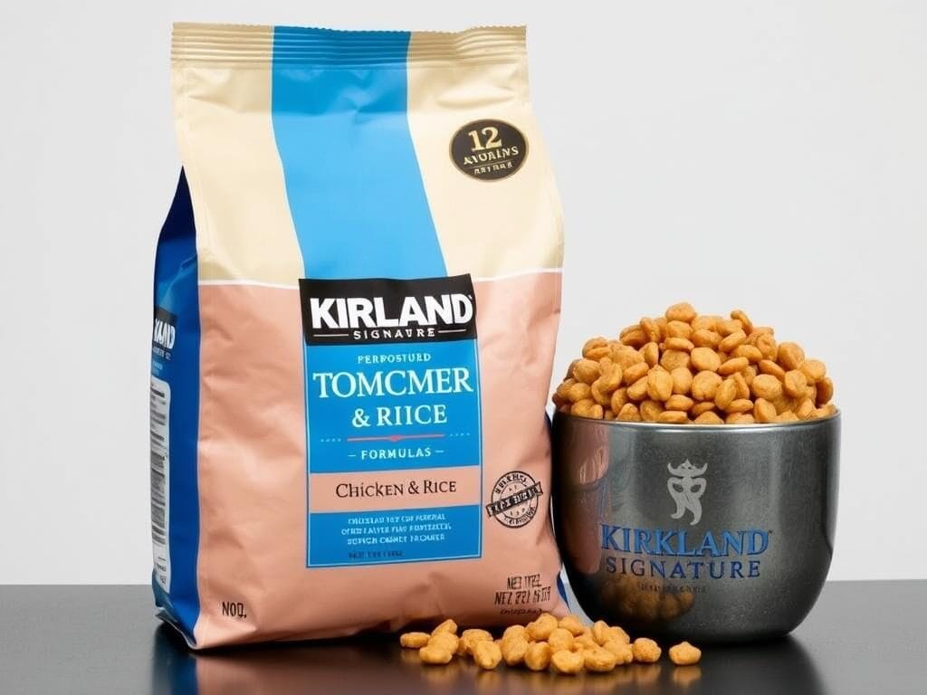 Bag of Kirkland Signature Chicken & Rice Formula dry cat food with kibble displayed Bag of Kirkland Signature Chicken & Rice Formula dry cat food with kibble displayed