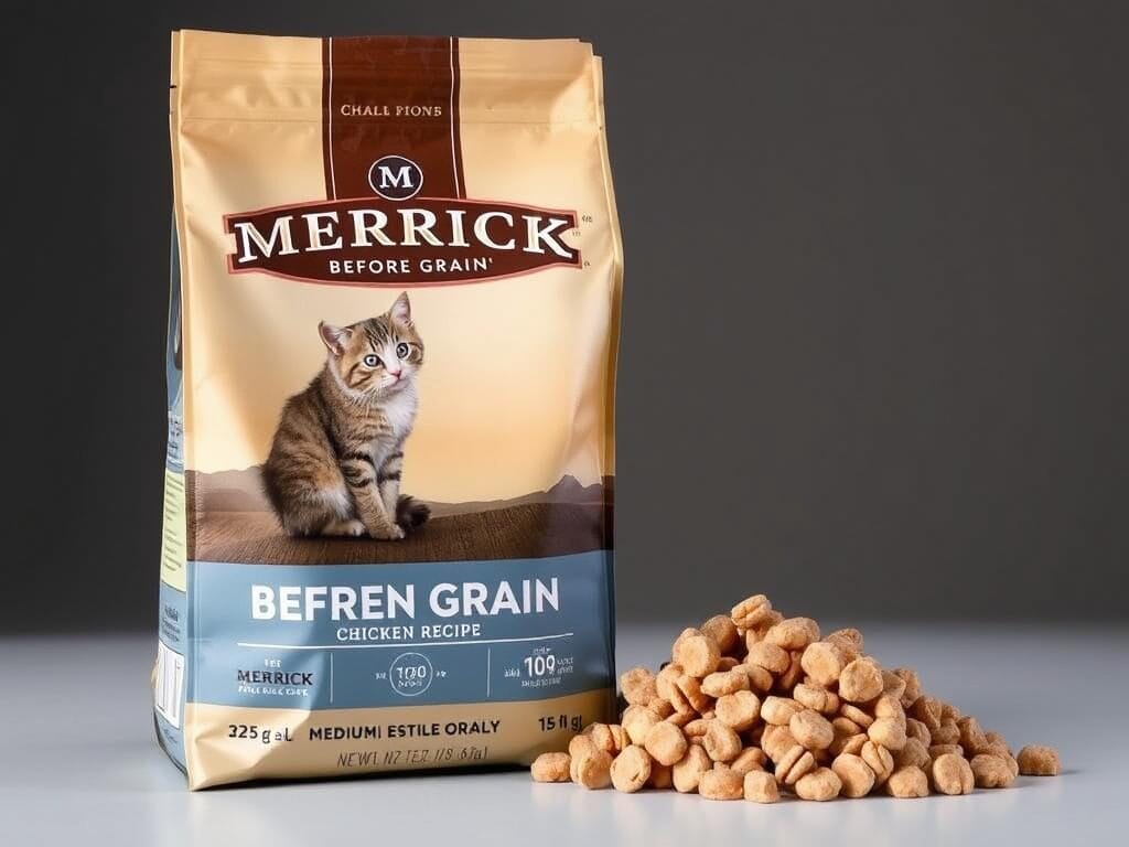 Bag of Merrick Before Grain Chicken Recipe dry cat food with kibble displayed Bag of Merrick Before Grain Chicken Recipe dry cat food with kibble displayed