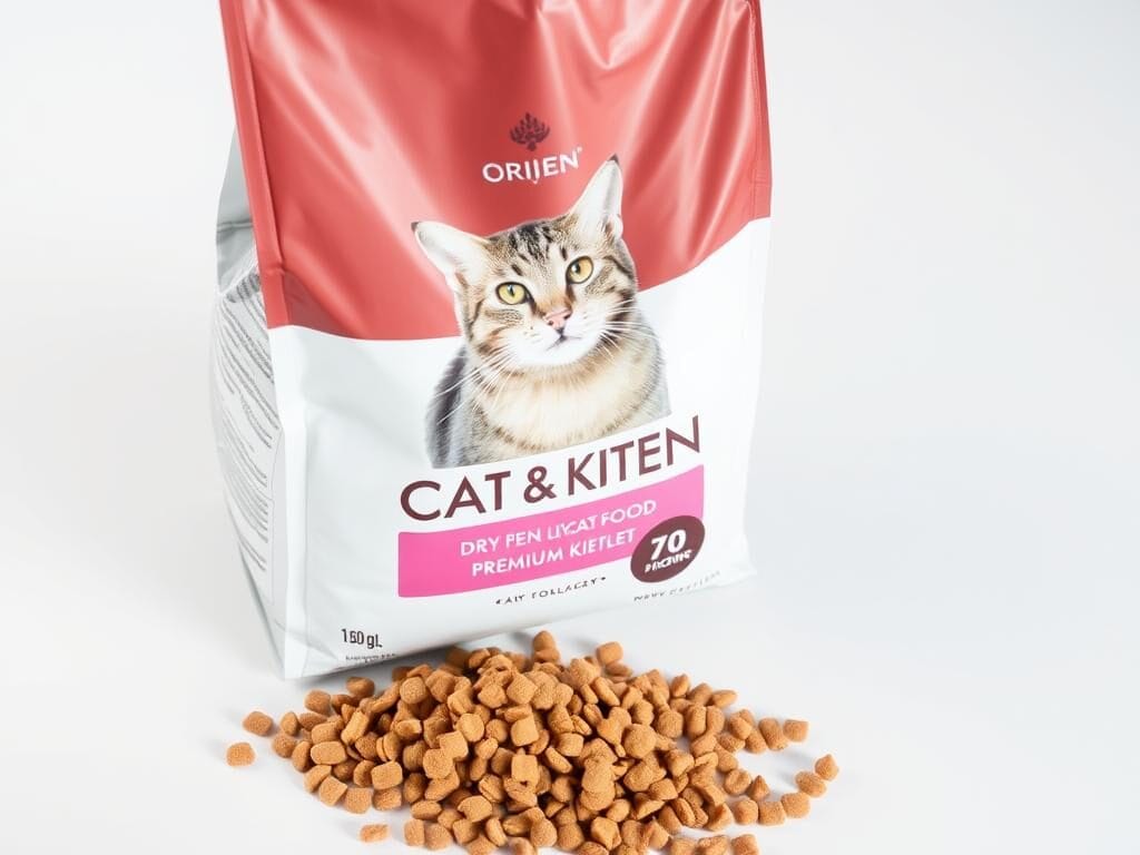 Bag of Orijen Cat & Kitten dry cat food with kibble spilling out Bag of Orijen Cat & Kitten dry cat food with kibble spilling out