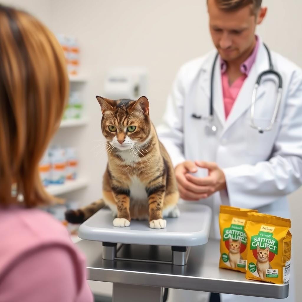 Cat at veterinary appointment discussing food allergies Cat at veterinary appointment discussing food allergies
