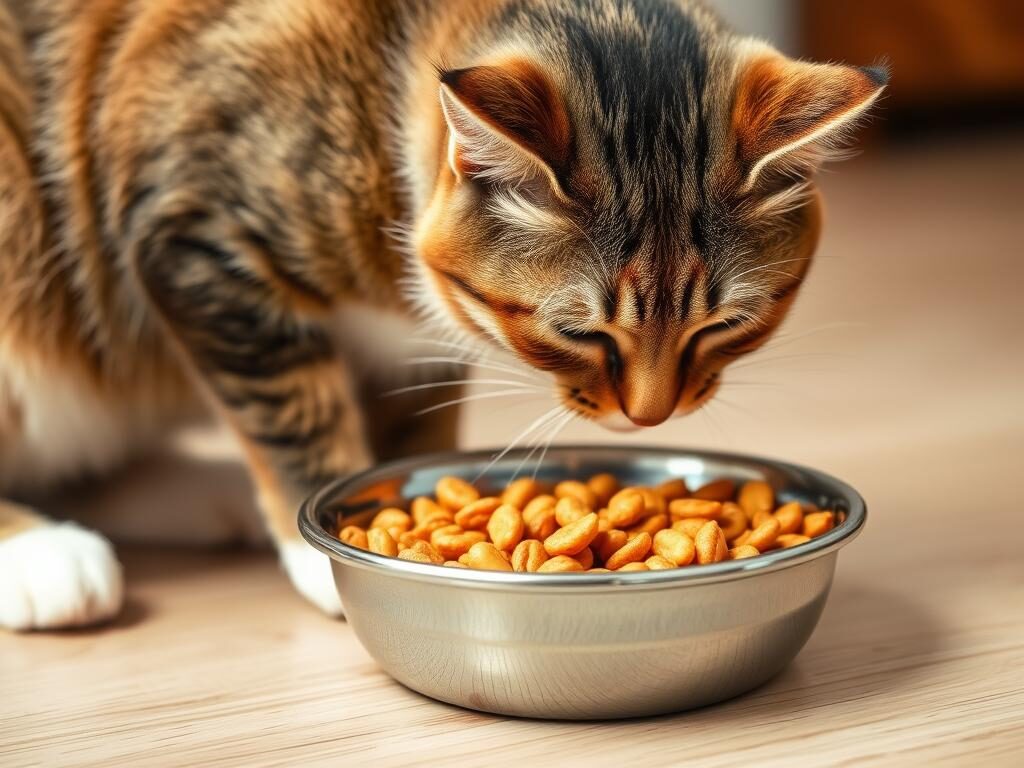 Cat eating from the center of a bowl while avoiding edges due to whisker fatigue