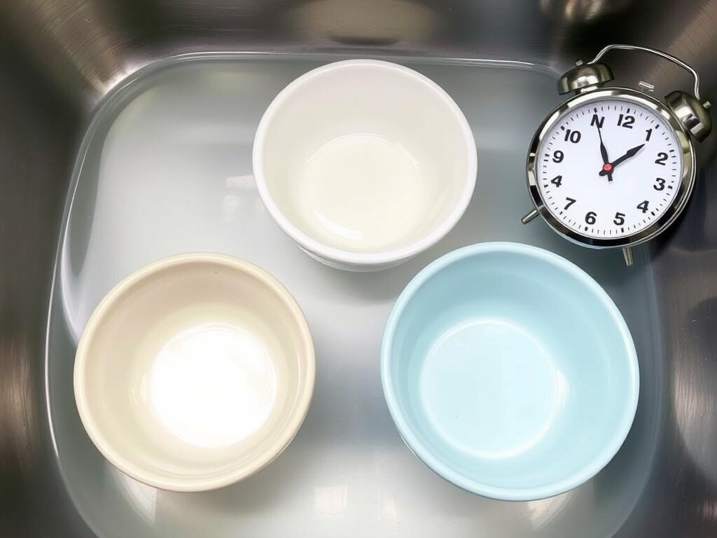 Cat food bowls being sanitized in a bleach solution