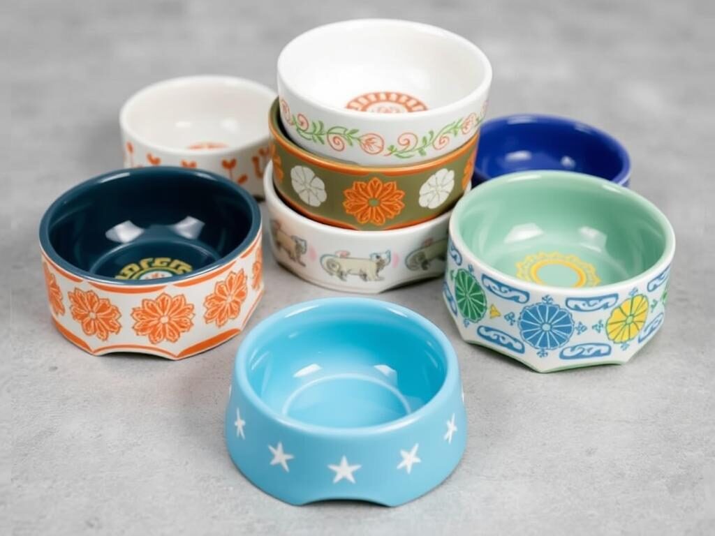 Colorful ceramic cat food bowls with decorative patterns