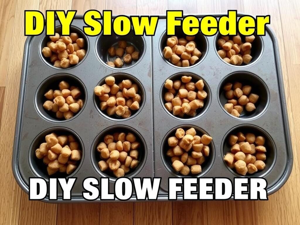 DIY slow feeder made from a muffin tin with cat food in each compartment