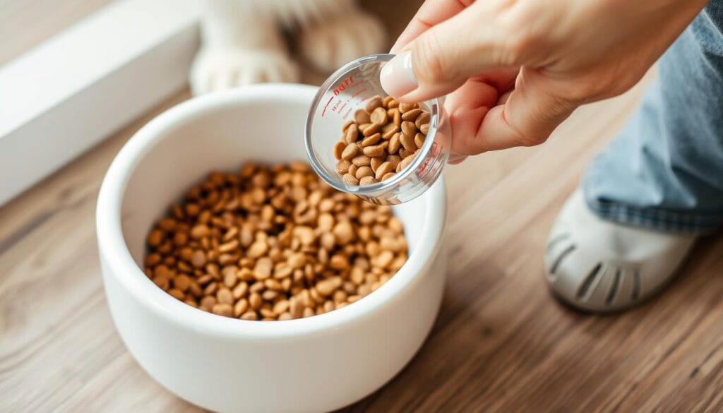 Person measuring dry cat food into a measuring cup next to a cat food bowl Person measuring dry cat food into a measuring cup next to a cat food bowl