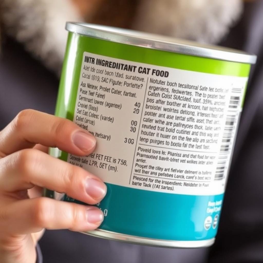 Person reading cat food ingredient list Person reading cat food ingredient list