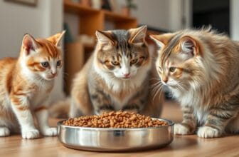Three cats of different ages eating from the same bowl of dry cat food