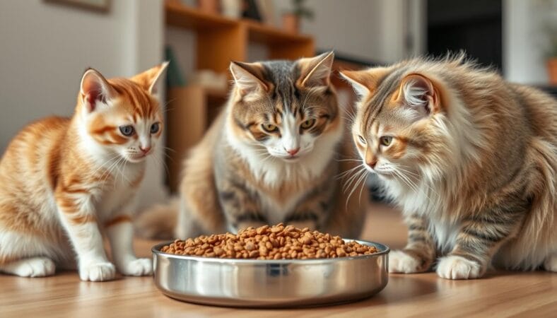 Three cats of different ages eating from the same bowl of dry cat food