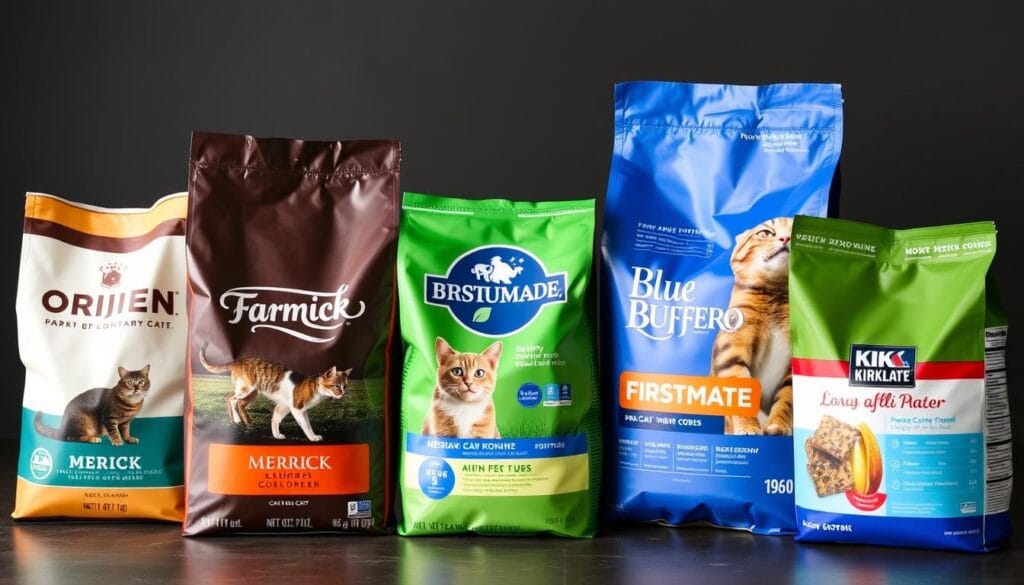 Various bags of dry cat food for all life stages arranged for comparison Various bags of dry cat food for all life stages arranged for comparison